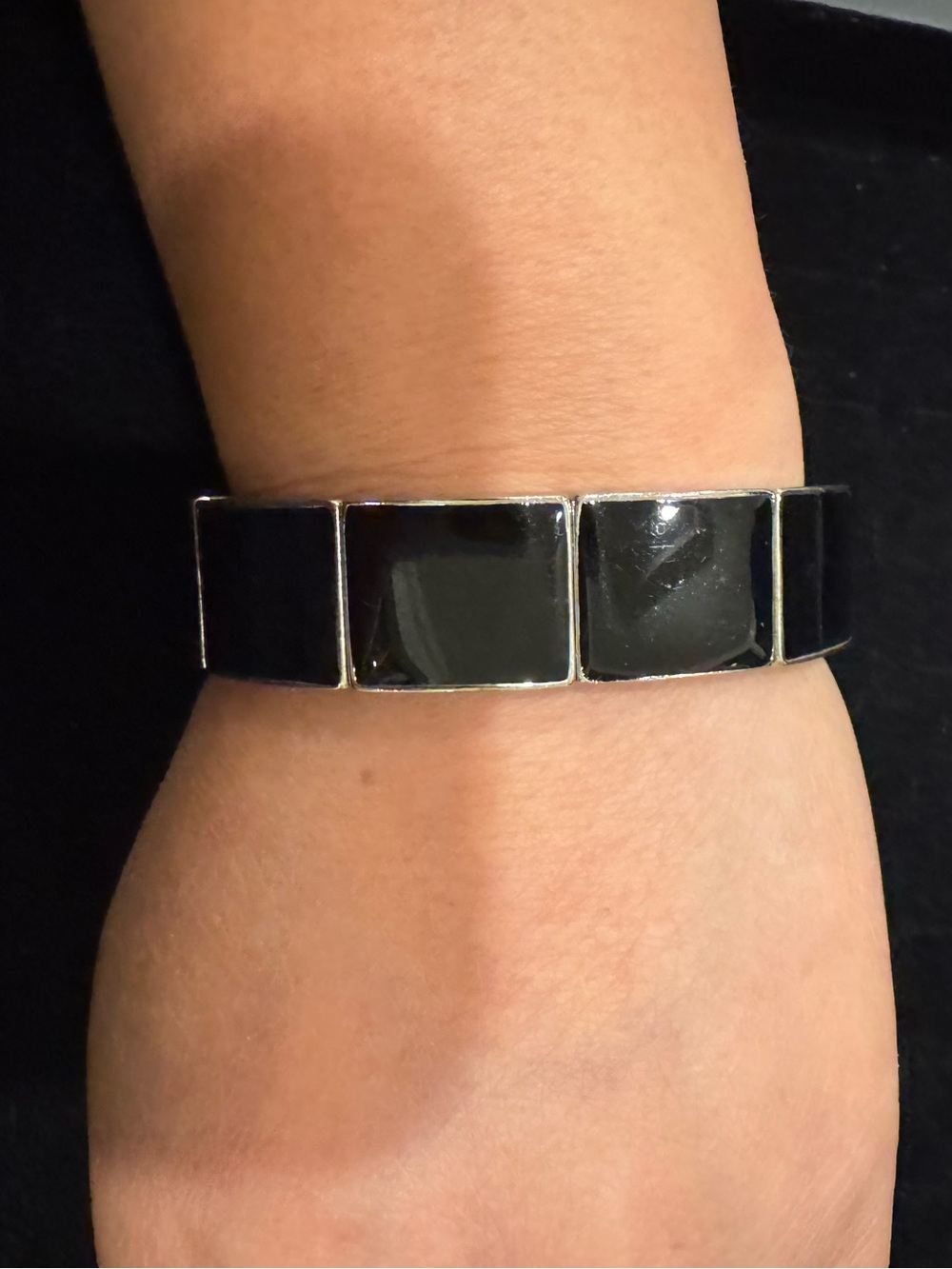 Black Square Panel Stretch Bracelet Silver Tone Modern Statement Jewelry